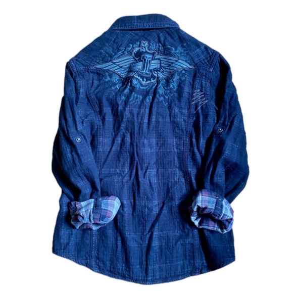 DEEP GREY PLAID HARLEY DAVIDSON COLLAR BUTTON UP WITH LONG SLEEVES - Picture 2 of 9